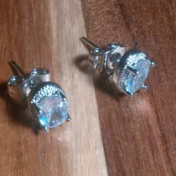 Simulated Blue and White Diamond Silvertone Brass Stud Earrings - Picture 8 of 13